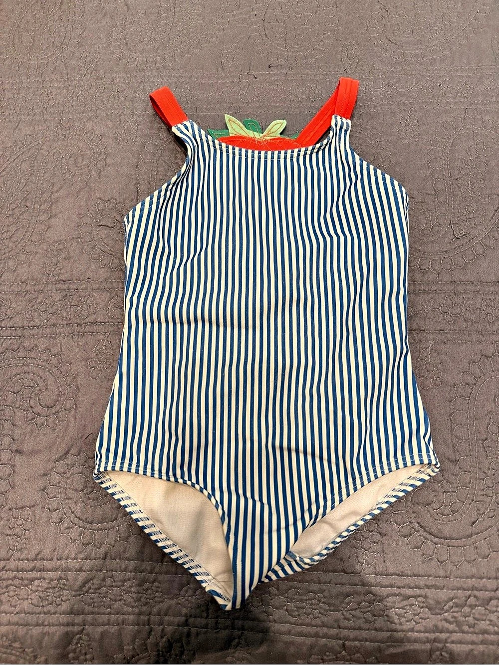 Mini Boden Strawberry & Stripes One-Piece Swimsuit Blue & White Baby 3-6M
